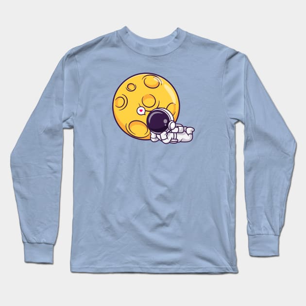 Cute Astronaut Laying Down With Moon Cartoon Long Sleeve T-Shirt by Catalyst Labs